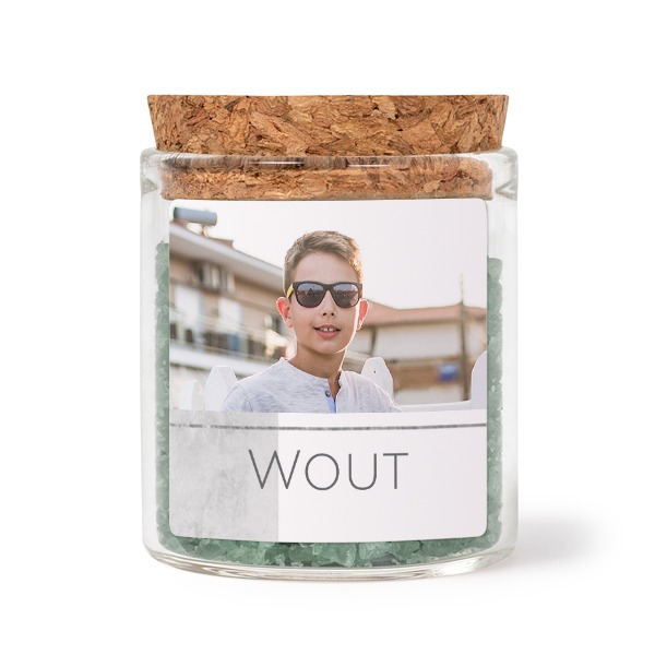 Glass jars with square stickers and green bath salt - set of 12