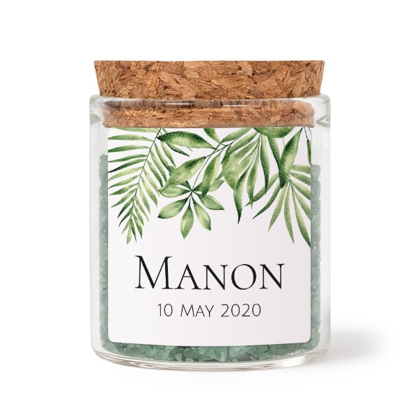 Glasskrukker med kvadratiske klistremerker og grønt badesalt - 12 stk