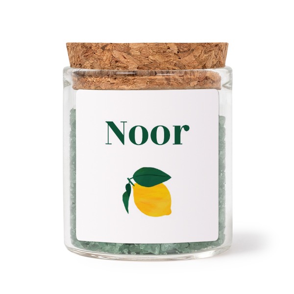 Glazen potjes met vierkante stickers en groen badzout (set van 12)