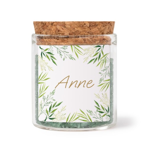 Glasskrukker med kvadratiske klistremerker og grønt badesalt - 12 stk Glasskrukker med kvadratiske klistremerker og grønt badesalt - 12 stk