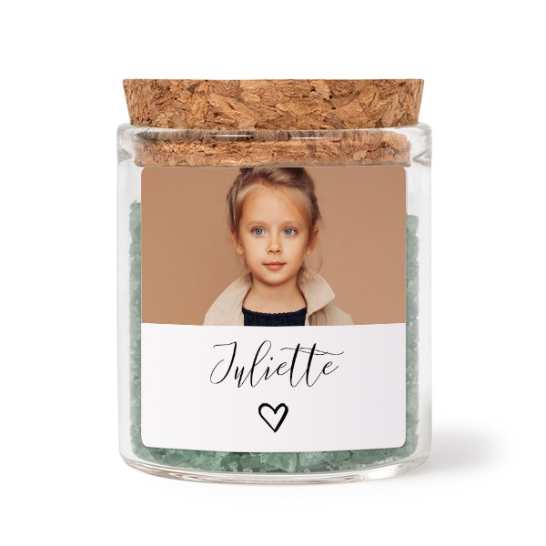 Glass jars with square stickers and green bath salt - set of 12