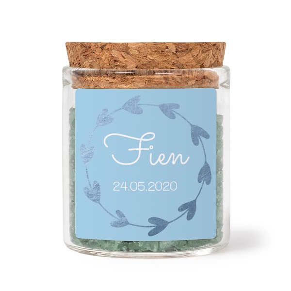 Glass jars with square stickers and green bath salt - set of 12