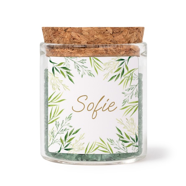 Glasburkar med fyrkantiga klistermÀrken och grönt badsalt - 12 st Glasburkar med fyrkantiga klistermÀrken och grönt badsalt - 12 st