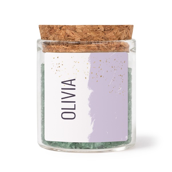 Glass jars with square stickers and green bath salt - set of 12 Glass jars with square stickers and green bath salt - set of 12