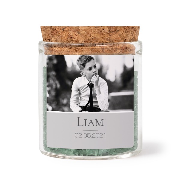 Glass jars with square stickers and green bath salt - set of 12