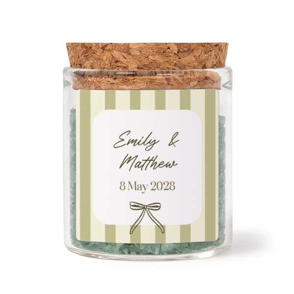 Mini-Glas mit quadratischem Sticker u. grünem Badesalz - 12 Stk.