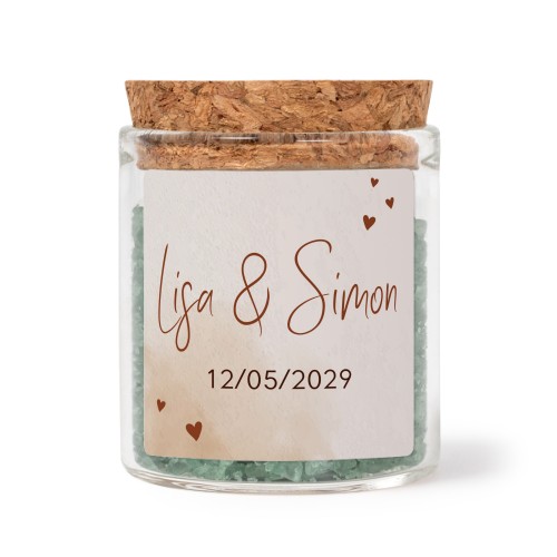 Glass jars with square stickers and green bath salt - set of 12