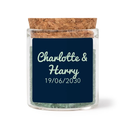 Glass jars with square stickers and green bath salt - set of 12