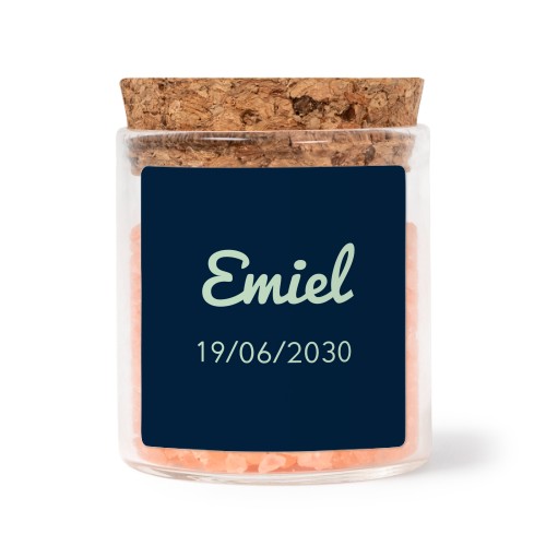 Glass jars with square stickers and pink bath salt - set of 12