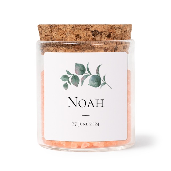 Glass jars with square stickers and pink bath salt - set of 12