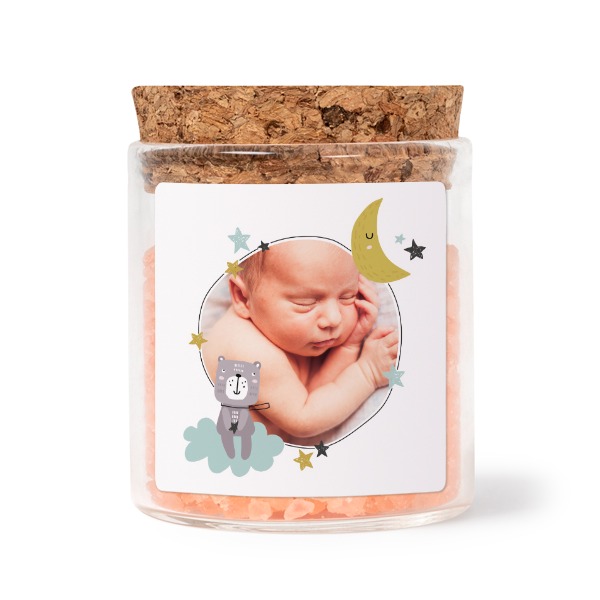 Glass jars with square stickers and pink bath salt - set of 12