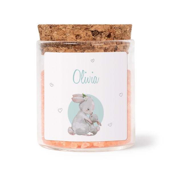 Glaskrukker med kvadratiske klistermærker og lyserødt badesalt - 12 stk