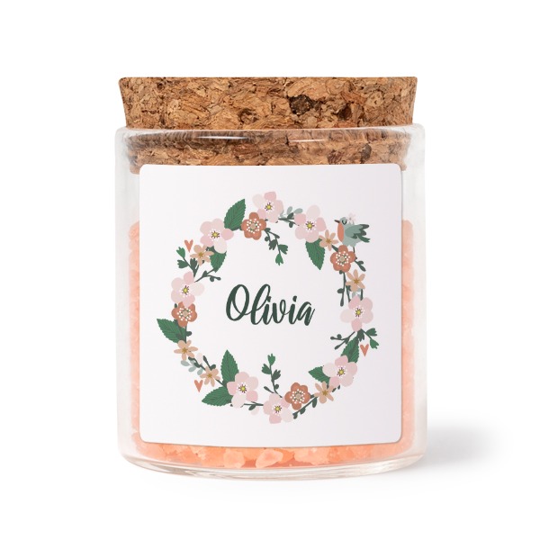 Glass jars with square stickers and pink bath salt - set of 12