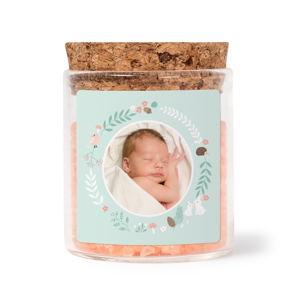 Glass jars with square stickers and pink bath salt - set of 12