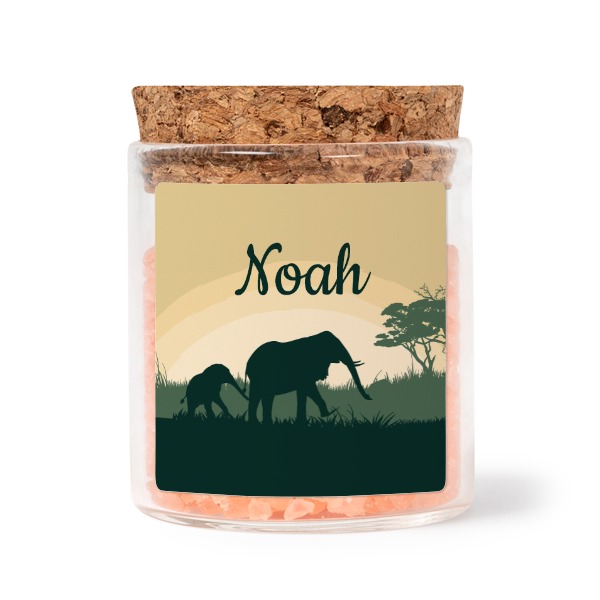 Glass jars with square stickers and pink bath salt - set of 12