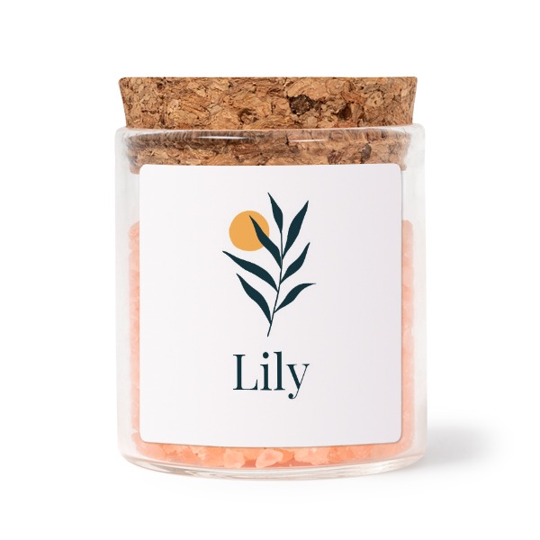 Glass jars with square stickers and pink bath salt - set of 12