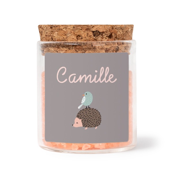 Glass jars with square stickers and pink bath salt - set of 12