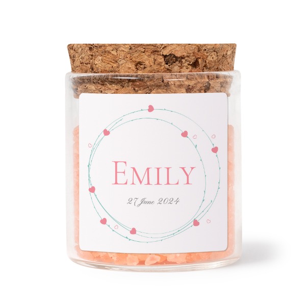 Glass jars with square stickers and pink bath salt - set of 12