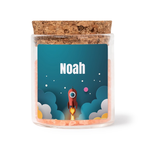 Glass jars with square stickers and pink bath salt - set of 12