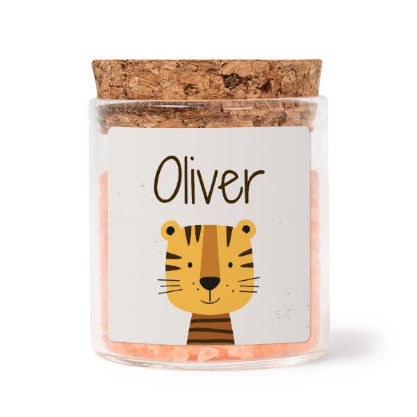 Glass jars with square stickers and pink bath salt - set of 12