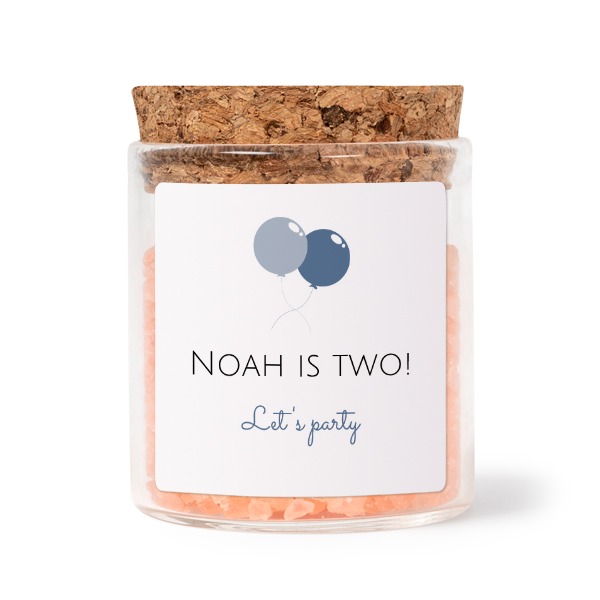 Glass jars with square stickers and pink bath salt - set of 12