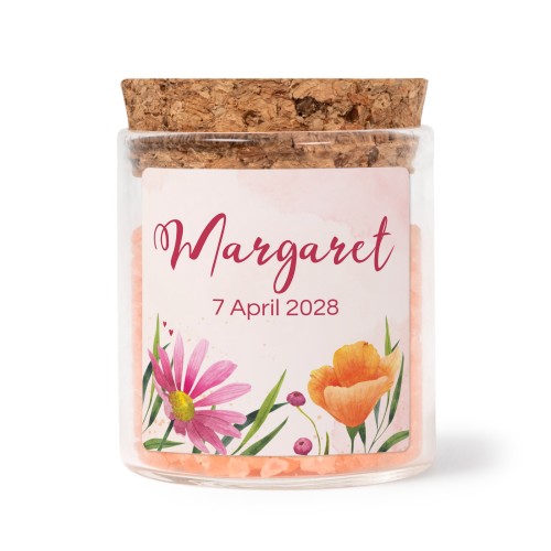 Glasburkar med fyrkantiga klistermärken och rosa badsalt - 12 st