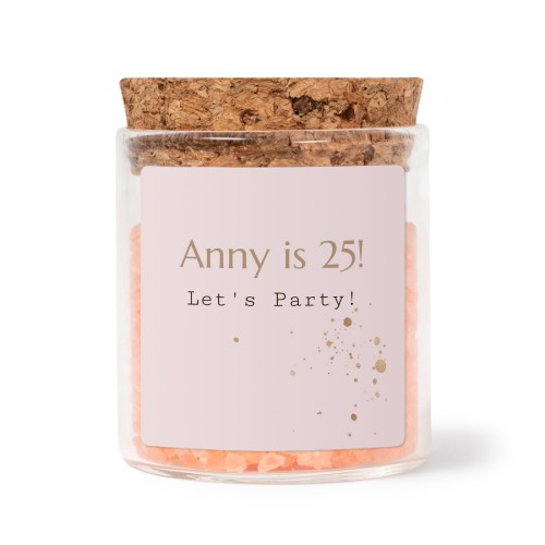 Glass jars with square stickers and pink bath salt - set of 12