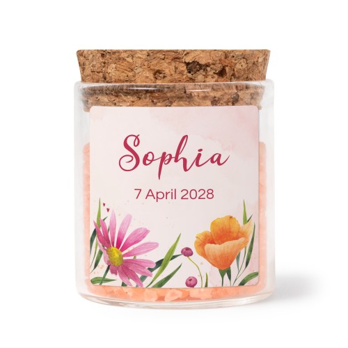 Glass jars with square stickers and pink bath salt - set of 12