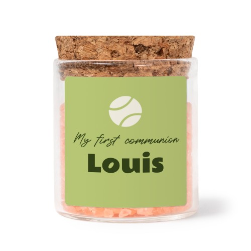 Glass jars with square stickers and pink bath salt - set of 12