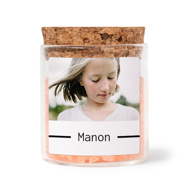 Glass jars with square stickers and pink bath salt - set of 12