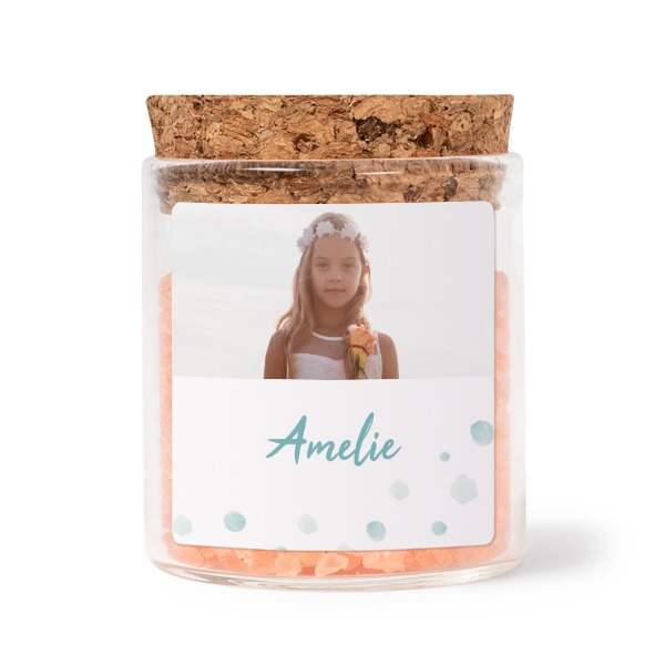 Glass jars with square stickers and pink bath salt - set of 12