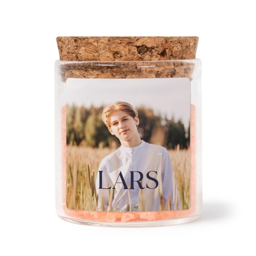 Glass jars with square stickers and pink bath salt - set of 12