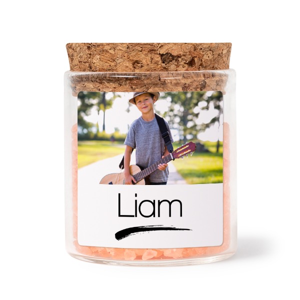 Mini-Glas mit quadratischem Sticker u. pinkem Badesalz - 12 Stk.