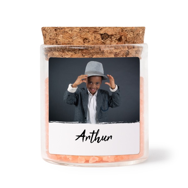 Glass jars with square stickers and pink bath salt - set of 12