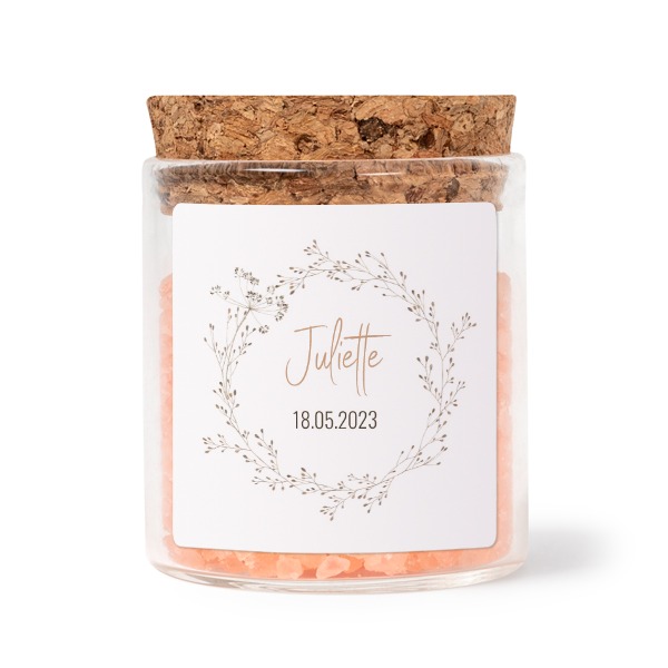 Glass jars with square stickers and pink bath salt - set of 12