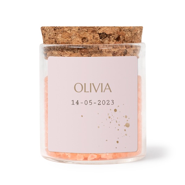 Glass jars with square stickers and pink bath salt - set of 12