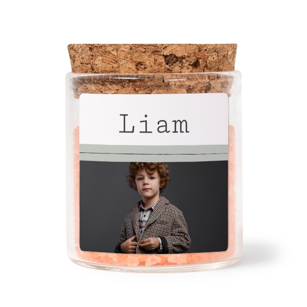 Glass jars with square stickers and pink bath salt - set of 12