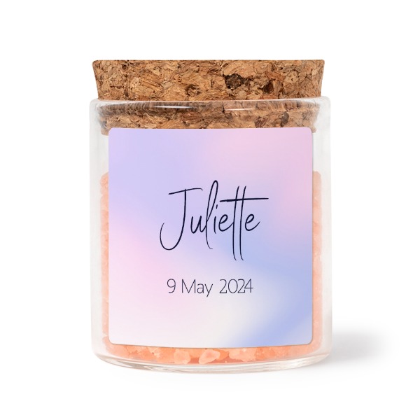 Glass jars with square stickers and pink bath salt - set of 12