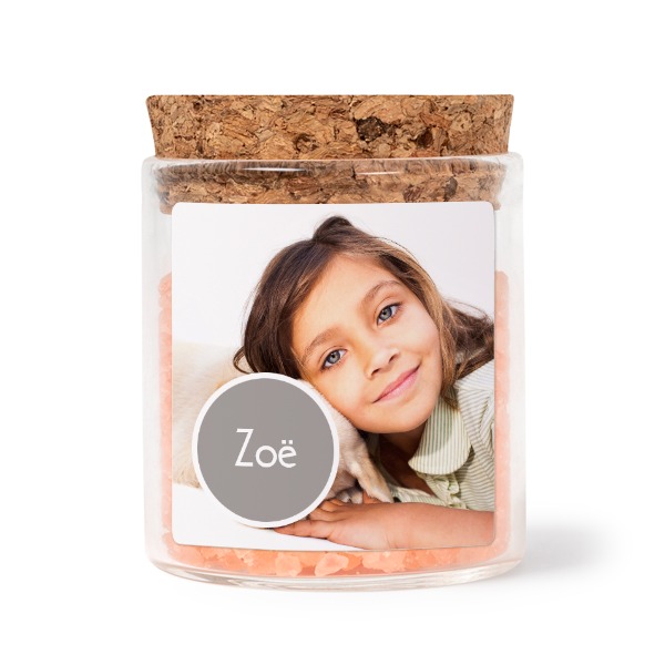 Glass jars with square stickers and pink bath salt - set of 12