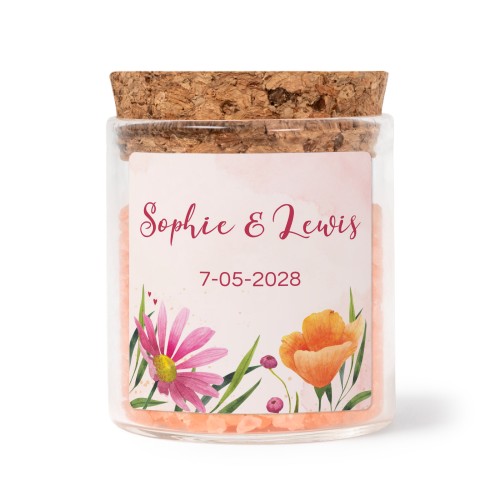 Glass jars with square stickers and pink bath salt - set of 12