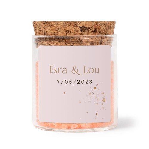 Glass jars with square stickers and pink bath salt - set of 12