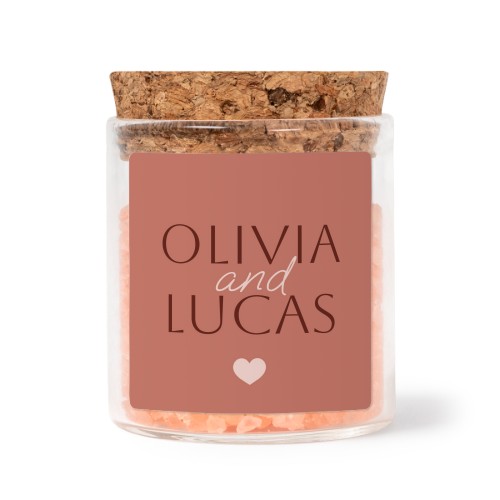 Glass jars with square stickers and pink bath salt - set of 12