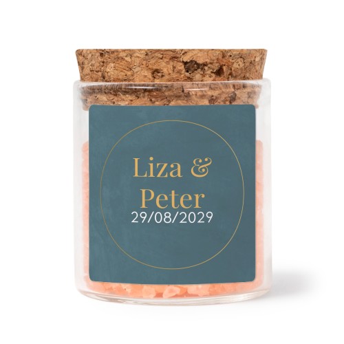 Glass jars with square stickers and pink bath salt - set of 12