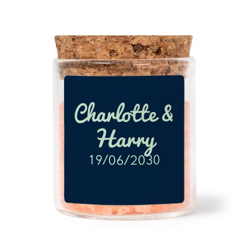 Glass jars with square stickers and pink bath salt - set of 12