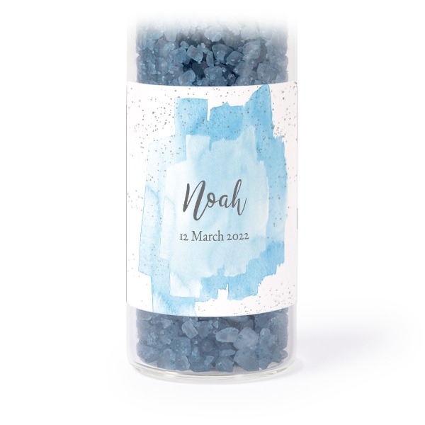 Glass tubes with square stickers & blue bath salt - set of 12