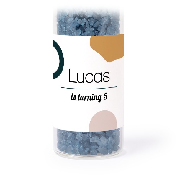 Glass tubes with square stickers & blue bath salt - set of 12