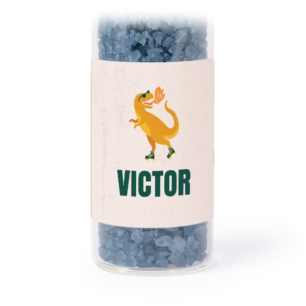 Glass tubes with square stickers & blue bath salt - set of 12