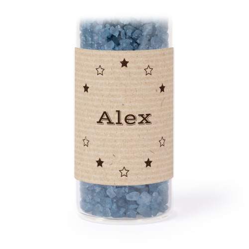 Glass tubes with square stickers & blue bath salt - set of 12