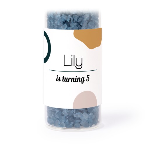 Glass tubes with square stickers & blue bath salt - set of 12