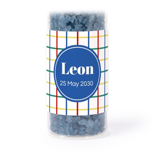 Glass tubes with square stickers & blue bath salt - set of 12